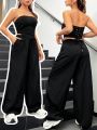 SHEIN Coolane Women's Solid Color Strapless Top And Drawstring Wide Leg Pants Two-piece Set