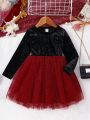SHEIN Kids KDOMO Little Girls' Beaded Work Party Dress With Mesh Skirt For Autumn