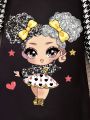 Toddler Girls' Cartoon Print Checkered Patchwork Bubble Sleeve Dress