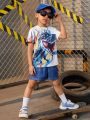 SHEIN Kids Cooltwn Toddler Boys' Stylish Comfortable Dinosaur Printed T-Shirt And Shorts Set, Casual