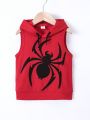 SHEIN Toddler Boys' Cool Spider Print Sleeveless Hooded Vest T-shirt For Summer