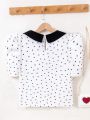 Teen Girls' Doll Collar Heart Print Short Puff Sleeve Shirt