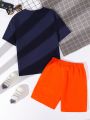 SHEIN Kids SUNSHNE Boys' Seaside Sunset Printed Round Neck Short Sleeve Top With Clean Patch Detail Shorts 2pcs/Set