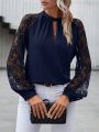 SHEIN Clasi Contrast Lace Raglan Sleeve Keyhole Neckline Blouse
