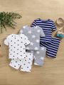 SHEIN Infant And Child Unisex Casual Star And Stripe Pattern Short-Sleeved Home Clothes Six-Piece Set