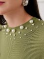 SHEIN Modely Ladies' Pearl Bead Embellished Plush Sleeve Trim Fitted Sweater Dress