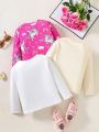 SHEIN Toddler Girls' Casual Cute Unicorn Printed Long Sleeve T-shirt, 3pcs/set, Spring & Autumn