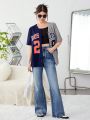 SHEIN Teen Girls' Woven Color Block Letter Print V-Neck Casual Shirt