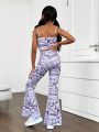 SHEIN Kids Cooltwn Tween Girls' Full Printed Crop Top & Flared Pants Set For Fashionable Sporty Look
