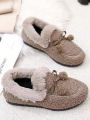 Women's 2023 New Winter Warm Plush Flat Loafers With Anti-skid Soft Sole & Bowknot Decor, Fashionable & Cute