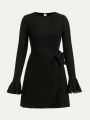 SHEIN Teenage Girls' Knit Distressed Tie Front Ruffle Sleeve Bodycon Casual Dress