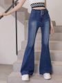 Teenage Girls' Versatile Slim Fit Flared Jeans, Washed Blue