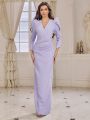 SHEIN Belle Adult Bridesmaid Dress With V-Neck, Leg-Of-Mutton Sleeve And Back Slit