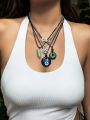 Women's Set Of 5 Creative Fashionable Healing Crystal Pendants. Retro Circular Tree, Irregular Crystal, Hamsa Hand Necklace. Bohemian Style Jewelry Set