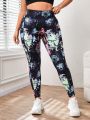 Plus Allover Print Wideband Waist Sports Leggings With Phone Pocket