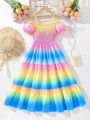 SHEIN Kids CHARMNG Tween Girls' Gradient Multicolor Off Shoulder Spaghetti Strap Maxi Dress
