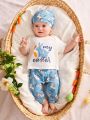 SHEIN Newborn Baby Boy's Cartoon Rabbit Patterned Round Neck Long-Sleeve Top With Lap Shoulder, Hat And Pants Pajamas 3pcs Set