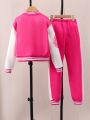 Tween Girl Letter Graphic Two Tone Varsity Jacket & Sweatpants Without Tee