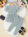 Baby Girls' Round Neck Flying Sleeve Top And Pants Set, Lounge Wear Comfortable Solid Color Outfit
