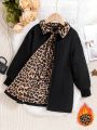 SHEIN Kids EVRYDAY Girls' Leopard Print Plush Collar Jacket With Fleece Lining