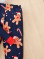SHEIN Tween Girl Christmas Print Contrast Binding T-shirt & Pants PJ Set