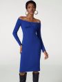 blue chic Off Shoulder Twist Front Ribbed Knit Bodycon Dress