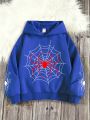 Tween Boys' Casual Spider Printed Long Sleeve Hoodie With Fleece Lining, Suitable For Autumn And Winter