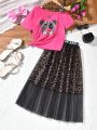 SHEIN Kids EVRYDAY Girls' Leopard Print Irregular Collar Top And Mesh Skirt Set, For Big Kids