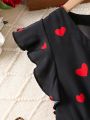 SHEIN Kids EVRYDAY Girls' Heart Pattern Printed Dress With Ruffle Hem, For Kids