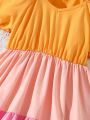 SHEIN Kids Y2Kool Girls' Elegant V-Neck Multicolor Patchwork Dress