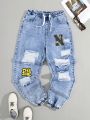 SHEIN Teen Boys' Irregular Printed Casual Denim Pants With Elastic Hem