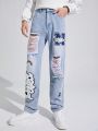 SHEIN Men'S Teenagers' Embroidered Letter Ripped Straight Jeans With Velvet Inside