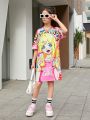SHEIN Kids HYPEME Girls' Daily Street Fashion Knitted Round Neck Short-Sleeved Dress