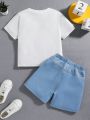 SHEIN Kids QTFun 2pcs/Set Young Boys' Cute Sporty Cartoon Excavator Design Round Neck Short Sleeve Loose T-Shirt And Denim Look Shorts, Suitable For School, Outing, Party, Daily Wear, Spring And Summer Seasons