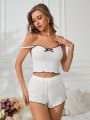 Women's Lace Patchwork Butterfly Decoration Camisole Vest And Shorts Pajama Set