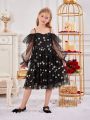 SHEIN Kids CHARMNG Tween Girl 1pc Star Sequin Mesh Overlay Cold Shoulder Flounce Sleeve Party Dress