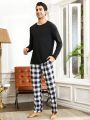 Men'S Solid Color Long Sleeve T-Shirt And Plaid Pants Homewear Set