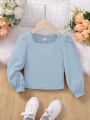 SHEIN Girls' Elegant Fitted Square Neck Puff Long Sleeve T-shirt