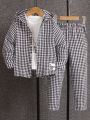 SHEIN Young Boy Plaid Jacket & Pants Set With Letter Patch