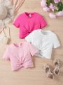 SHEIN Kids EVRYDAY Toddler Girls' Knitted Plain Slim Fit Shrink Pleats T-Shirt With Small Round Collar, 3pcs/Set