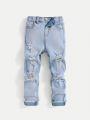 SHEIN Shein Young Boy Water Washed Ripped Comfortable Casual Stretchy Slim Fit Jeans