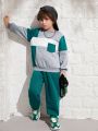 SHEIN Toddler Boys' Casual Color Block Round Neck Sweatshirt And Jogging Pants Two Piece Set