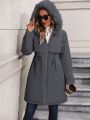 Plus Size Fuzzy Trimmed Insulated Drawstring Waist Hooded Winter Coat