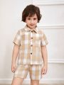 SHEIN Kids EVRYDAY Toddler Boys' Simple College Style Plaid Short Sleeve Set For Summer