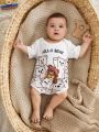 SHEIN Baby Boys' Casual And Cute Teddy Bear Pattern Printed Romper For Home, Daily Wear In Spring And Summer
