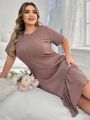 Plus Size Women's Solid Color Short Sleeve Sleep Dress With Ruffle Hem