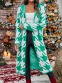 SHEIN Frenchy Houndstooth Pattern Drop Shoulder Hooded Duster Cardigan