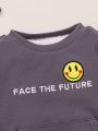 SHEIN Baby Boys' Face Print Sweater & Pants & Fleece Lined Hooded Vest 3pcs/set