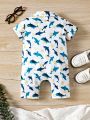 Baby Boy Cute Cartoon Shark Pattern Short Sleeve Romper With Shorts For Summer