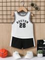 SHEIN Baby Boys' Number Patterned Round Neck Sleeveless Vest & Color Block Shorts 2pcs/set